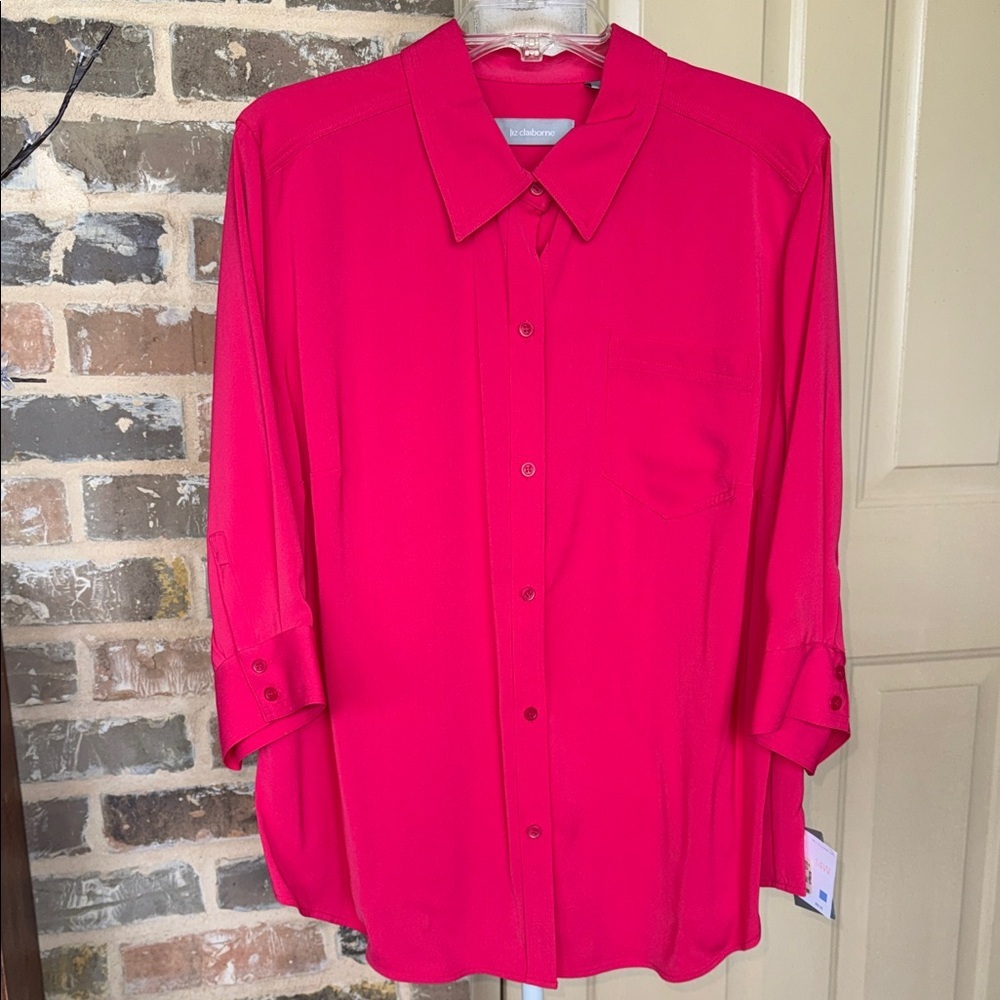 NWT Liz Claiborne Fuchsia Button-Down Shirt 3/4 Sleeve Sz 14